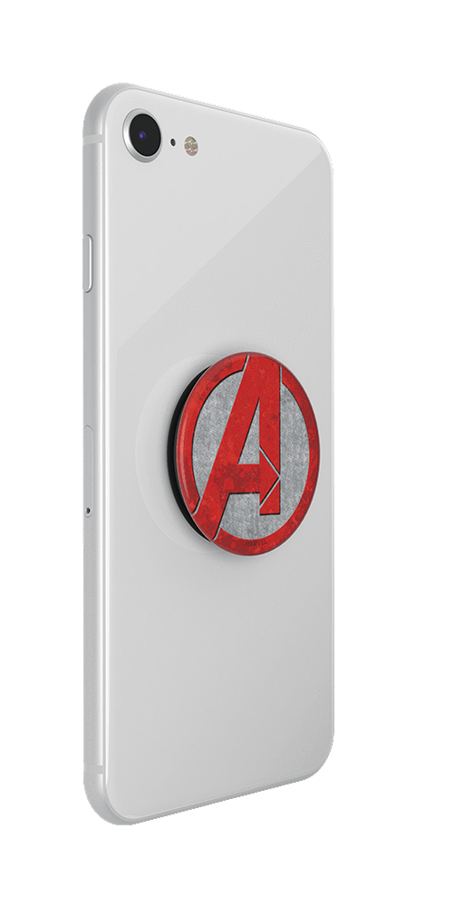 Weißes Telefon mit Popsocket-Logo der Avengers.