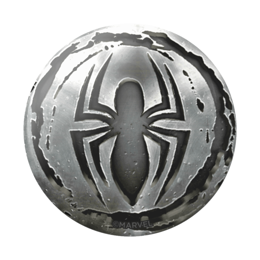 Ein silbernes rundes Spider-Man-Logo auf weißem Hintergrund.