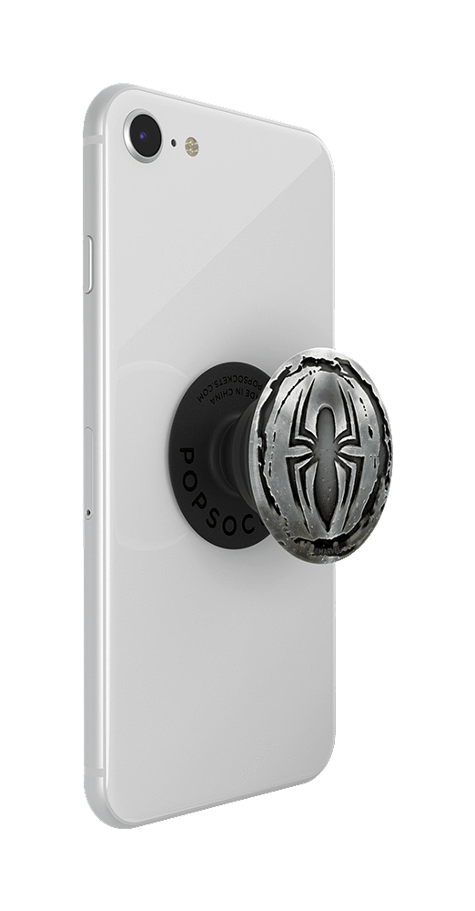 Smartphone mit Spider-Man PopSocket, weißer Hintergrund.