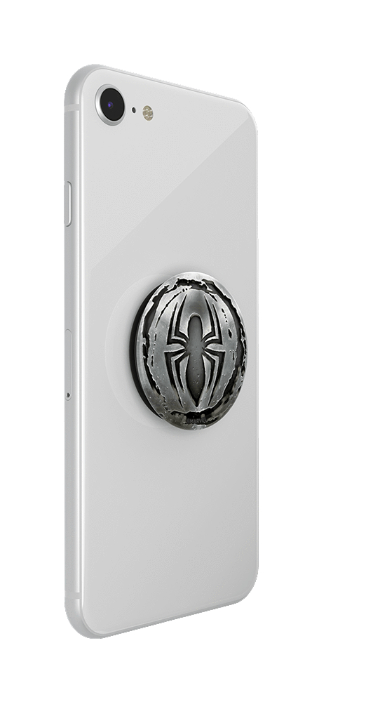 Weißes Smartphone mit einem Spider-Man PopSocket auf der Rückseite.