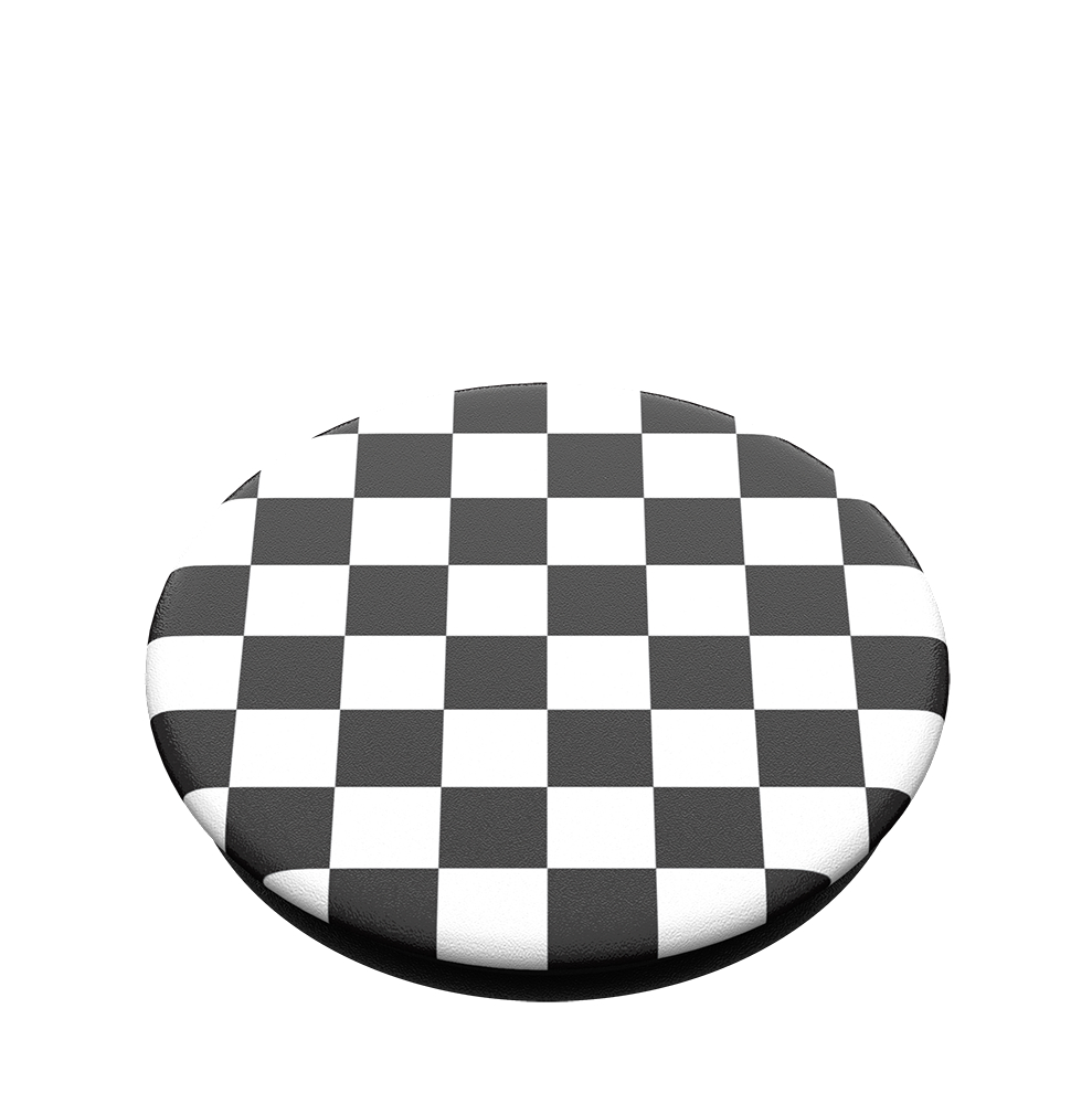 Ein schwarz-weißes Schachbrettmuster auf weißem Hintergrund. Der Kreis ist ein Popsocket.