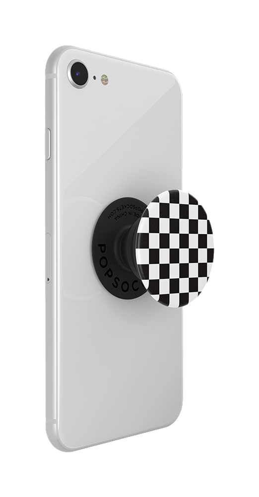 Ein weißes Smartphone mit einem Schachbrett-PopSocket auf der Rückseite.