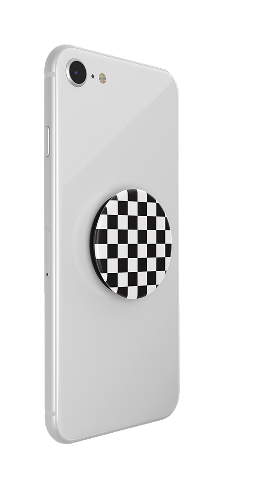 Weißes Smartphone mit einem schwarz-weiß karierten Pop-Socket.