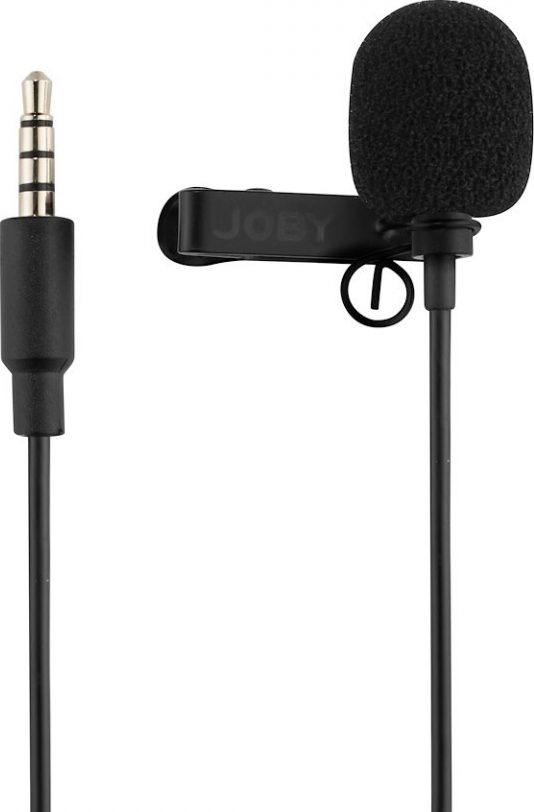 Un microphone JOEY noir avec une pince et un câble avec une prise jack 3,5 mm.