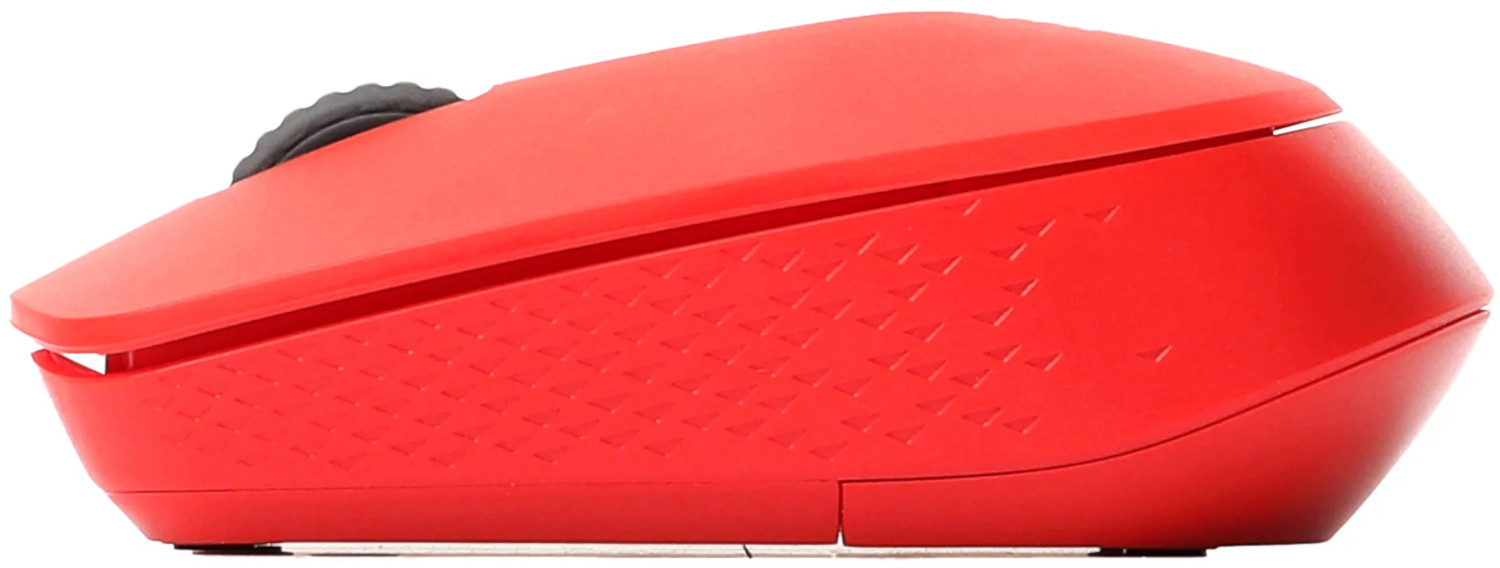 Souris sans fil rouge avec molette noire, détail latéral et base blanche.