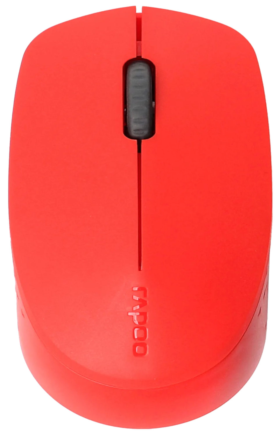 Souris d'ordinateur rouge avec molette noire et la marque "RAPOO" en bas.