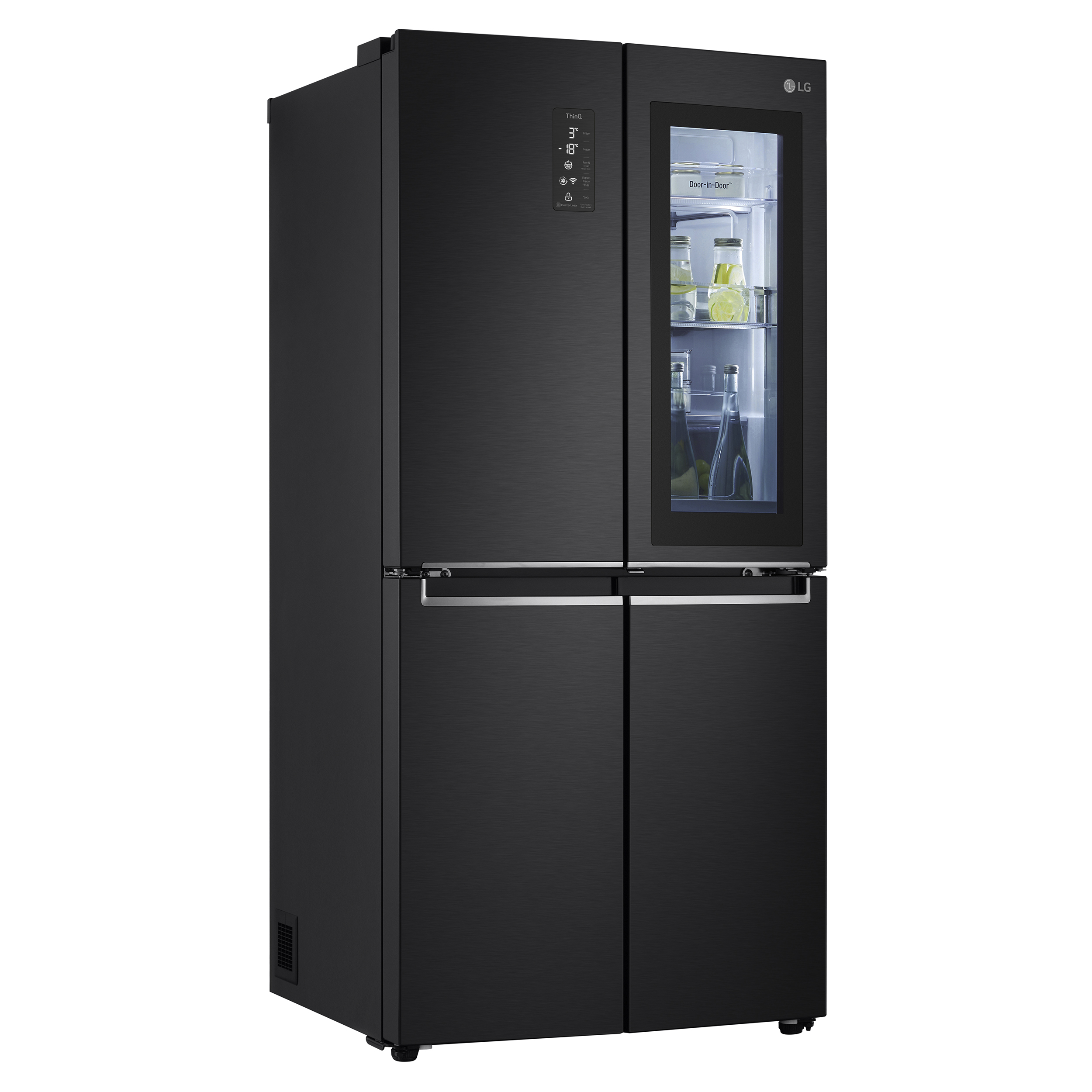 Ein schwarzer LG-Kühlschrank mit Glastür und vier Türen.