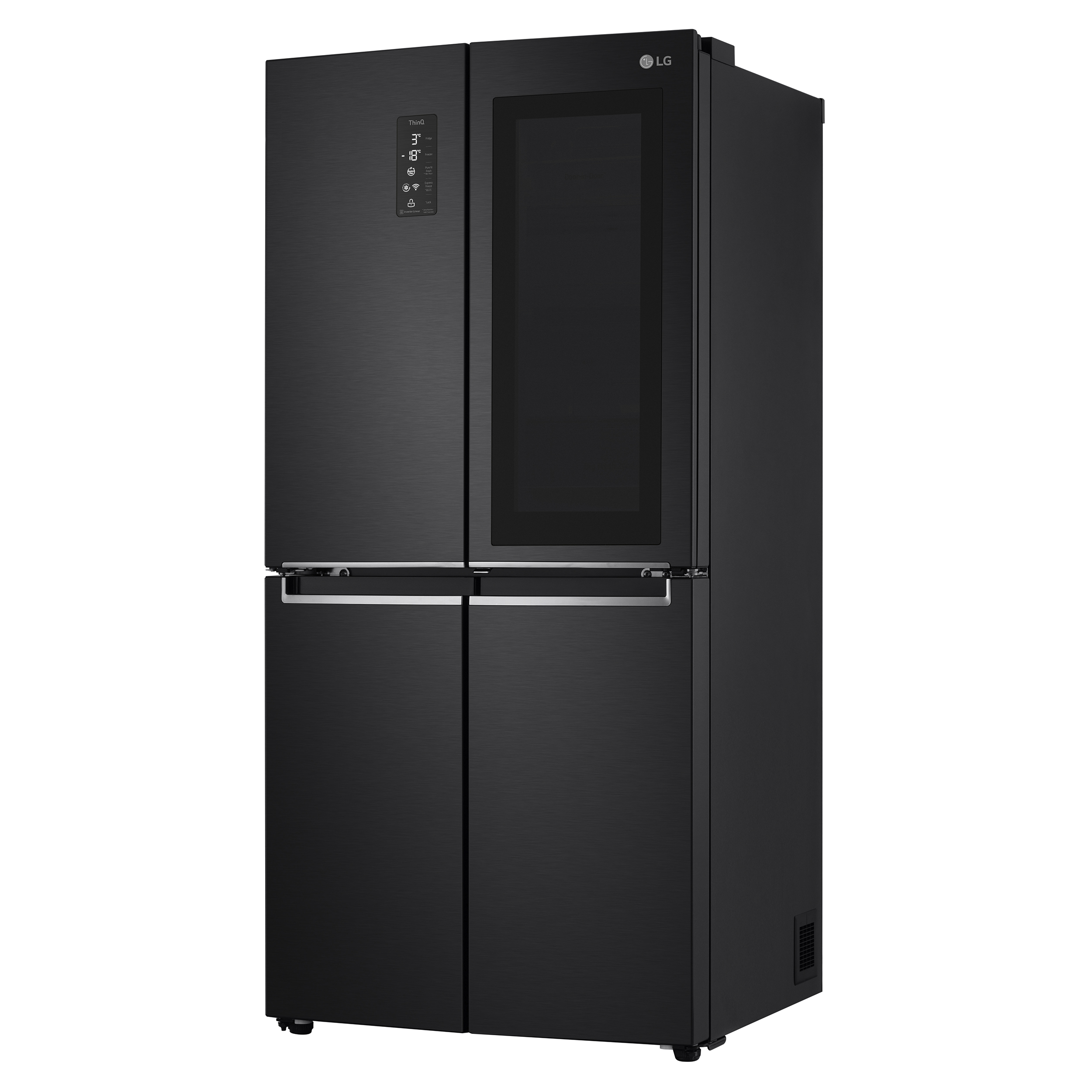 Schwarzer LG-Kühlschrank mit vier Türen. Die rechte Tür hat eine Glasscheibe.