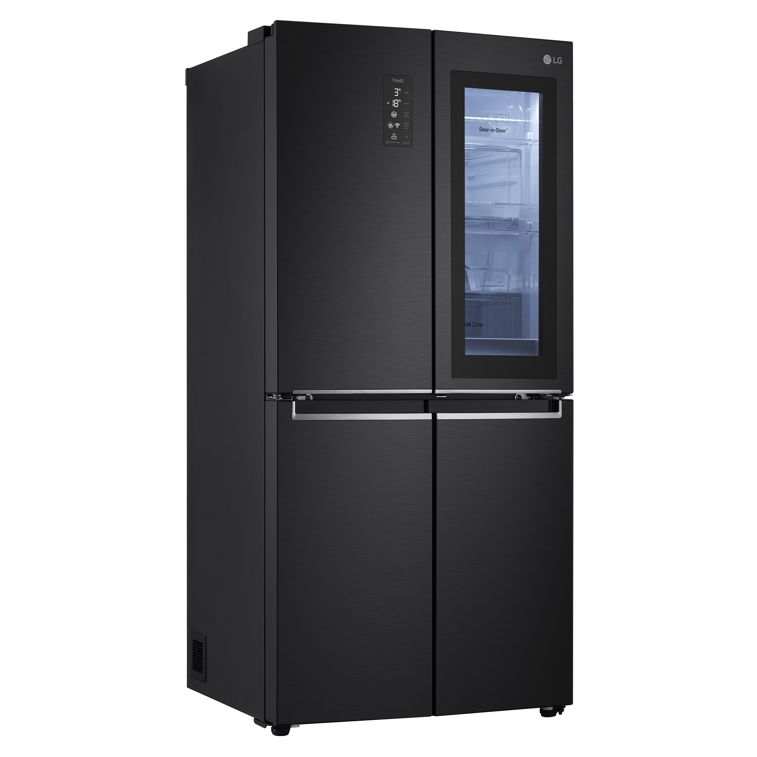 Schwarzer LG InstaView Kühlschrank mit vier Türen und einer Glastür.