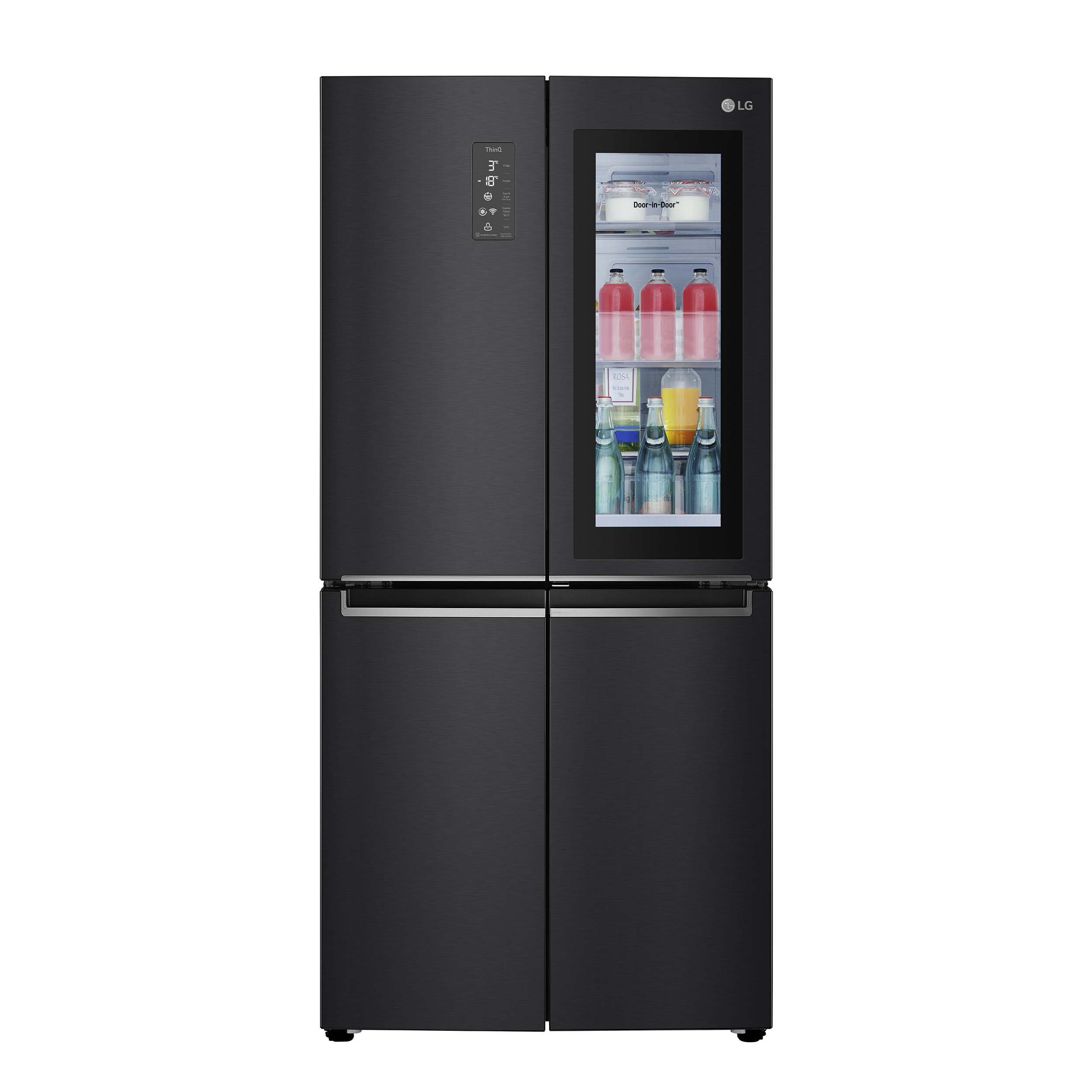 Ein schwarzer LG-Kühlschrank mit vier Türen und einem Glaspaneel.