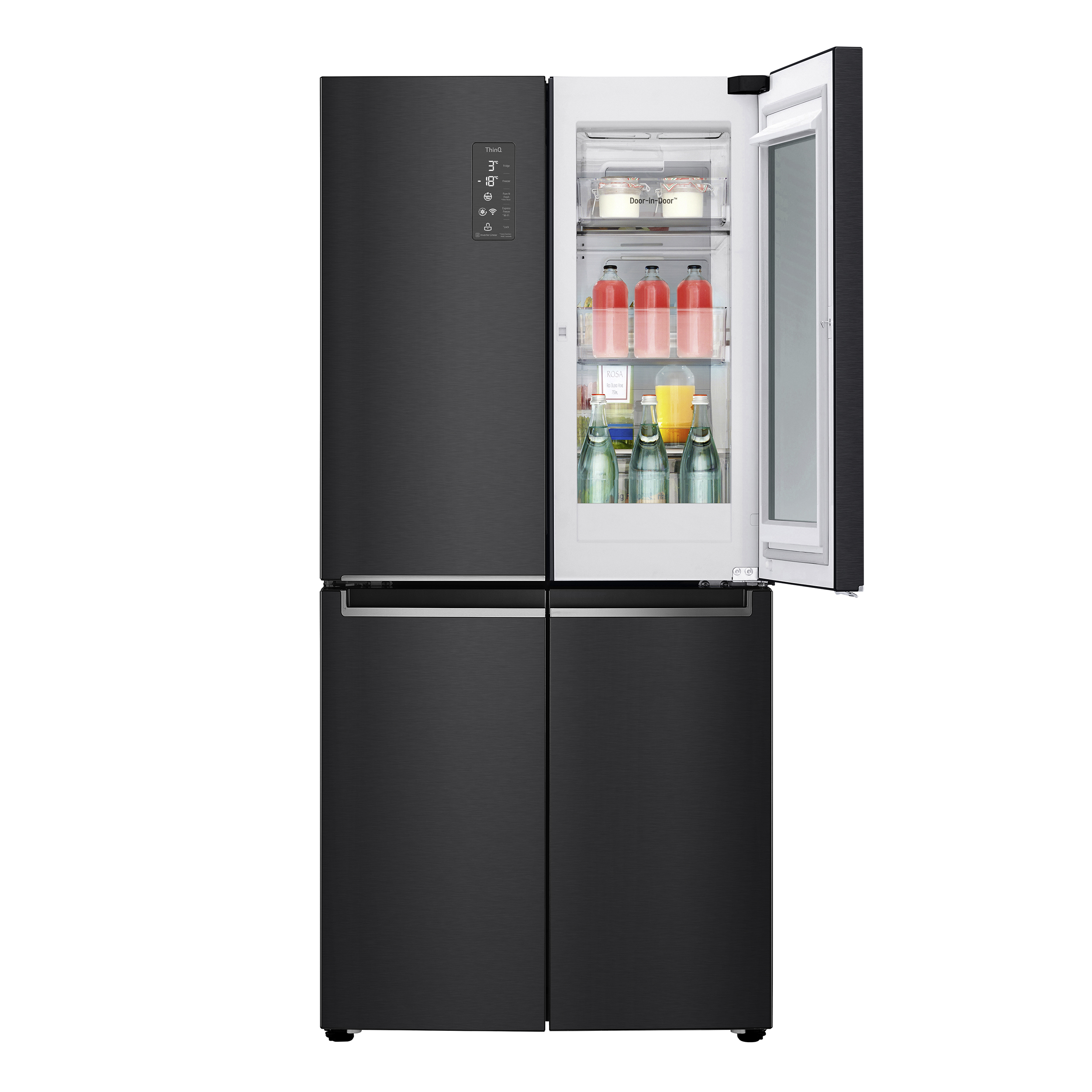 Schwarzer Kühlschrank mit 4 Türen, eine davon geöffnet, mit Lebensmitteln.