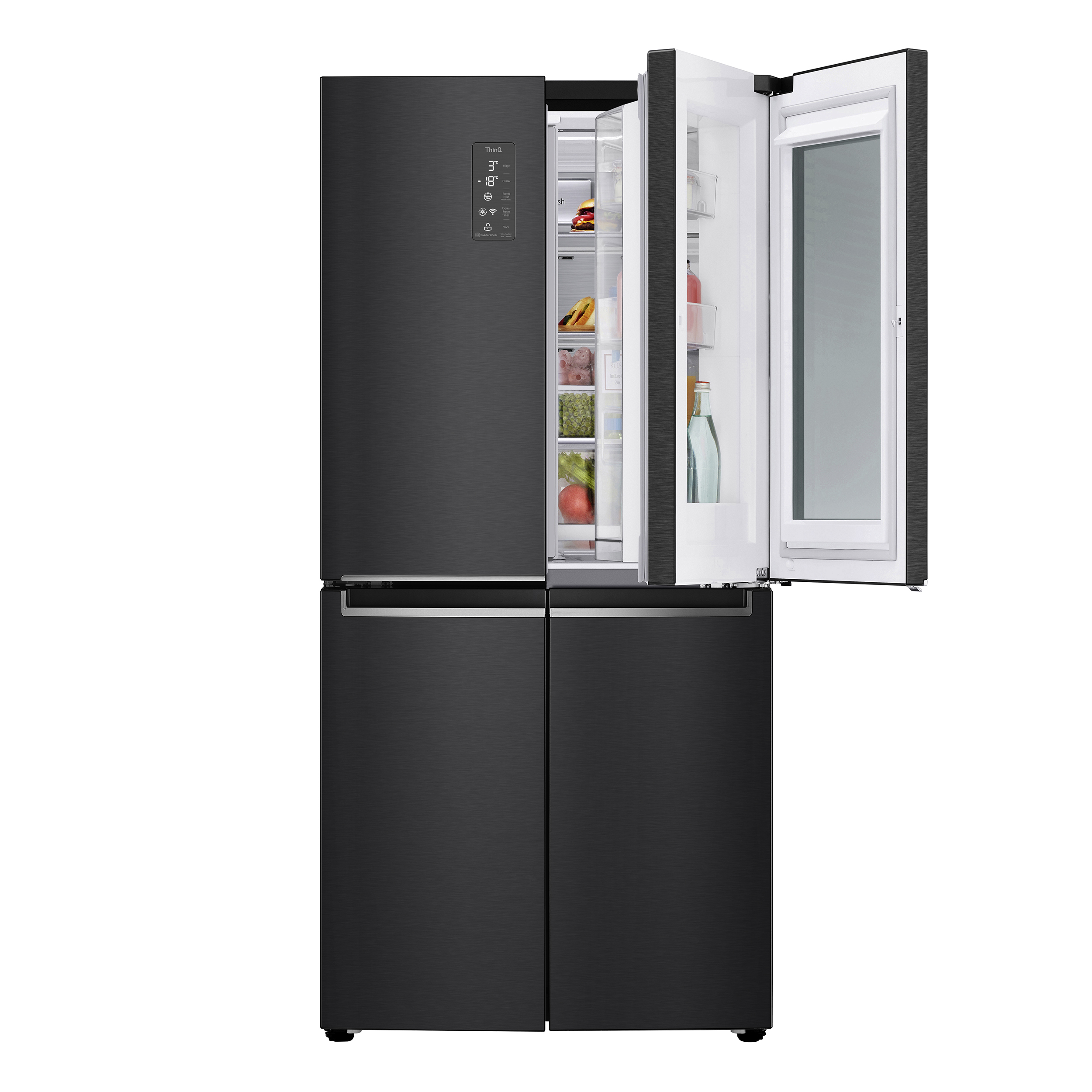 Schwarzer LG-Kühlschrank mit geöffneten Türen, Innenregale sichtbar.