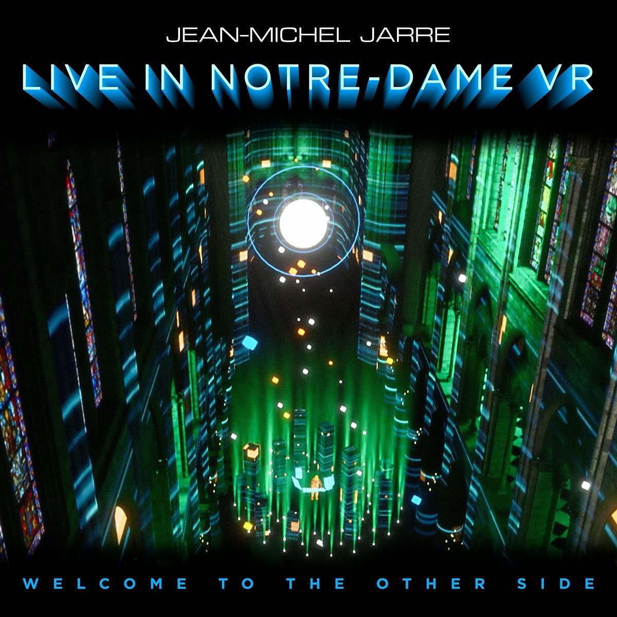 Albumcover Jean-Michel Jarre Live In Notre-Dame VR. Eine futuristische Notre-Dame-Kathedralenszene.