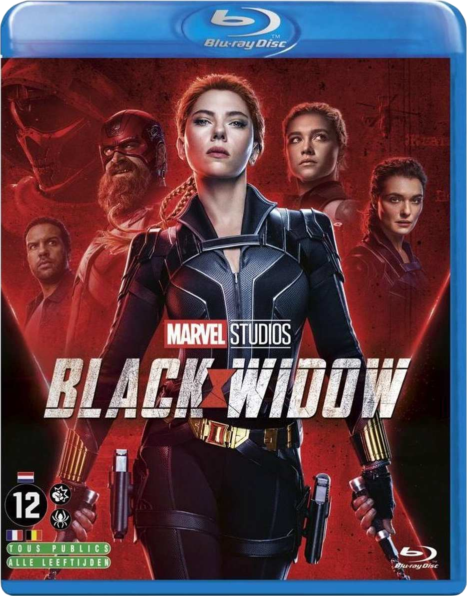 Jaquette Blu-ray pour "Black Widow" avec Scarlett Johansson. Images des personnages et texte du titre présents.