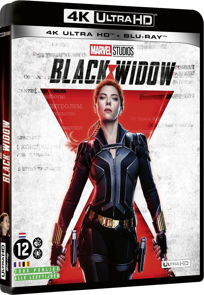 Couverture 4K Ultra HD Blu-ray Black Widow avec Scarlett Johansson, design rouge et noir.
