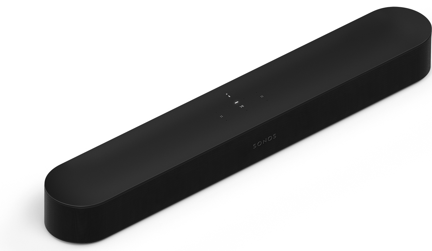 Zwarte soundbar met het Sonos-logo, geplaatst op een wit oppervlak.