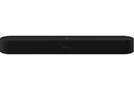 Een zwarte Sonos soundbar luidspreker met het Sonos-logo in het midden en bedieningsknoppen bovenop.