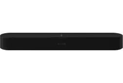 A black Sonos soundbar speaker with the Sonos logo in the middle and control buttons on top.