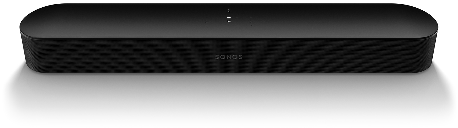 Zwarte Sonos soundbar met minimalistische bedieningsknoppen. Het werpt een schaduw op een wit oppervlak.