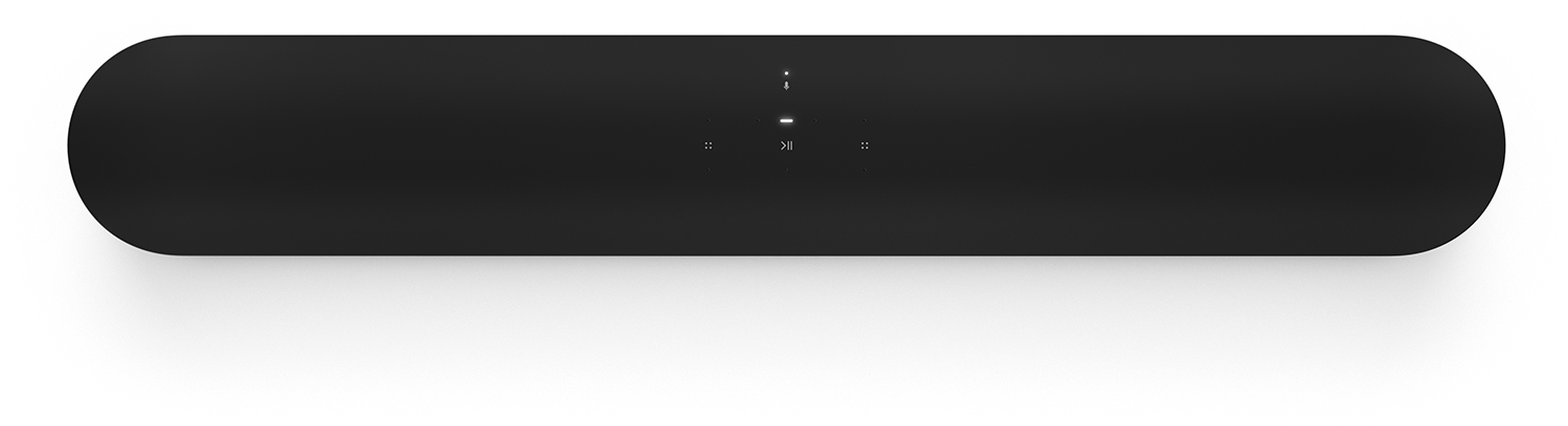 Zwarte soundbar met knoppen, op witte achtergrond. Minimalistisch ontwerp.