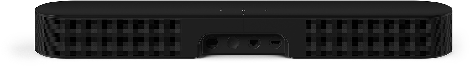 Een zwarte soundbar met meerdere input/output poorten aan de achterkant en een grill-achtige voorkant.