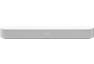 Witte Sonos soundbar, met de merknaam in wit, op een witte achtergrond.