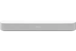 White Sonos soundbar, with the brand name in white, on a white background.
