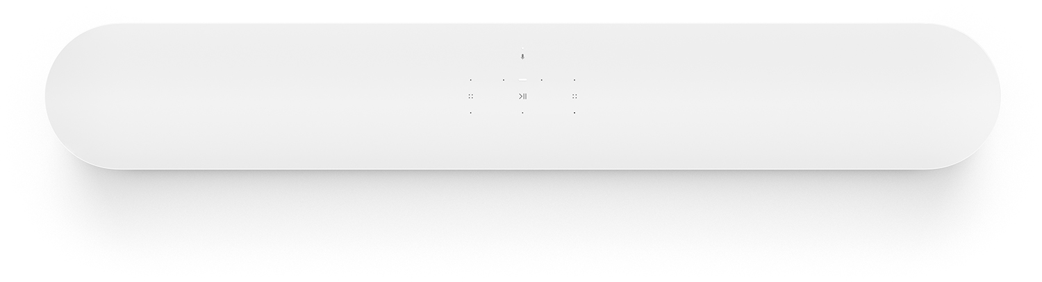 Een witte soundbar op een wit oppervlak met een paar kleine gaatjes.
