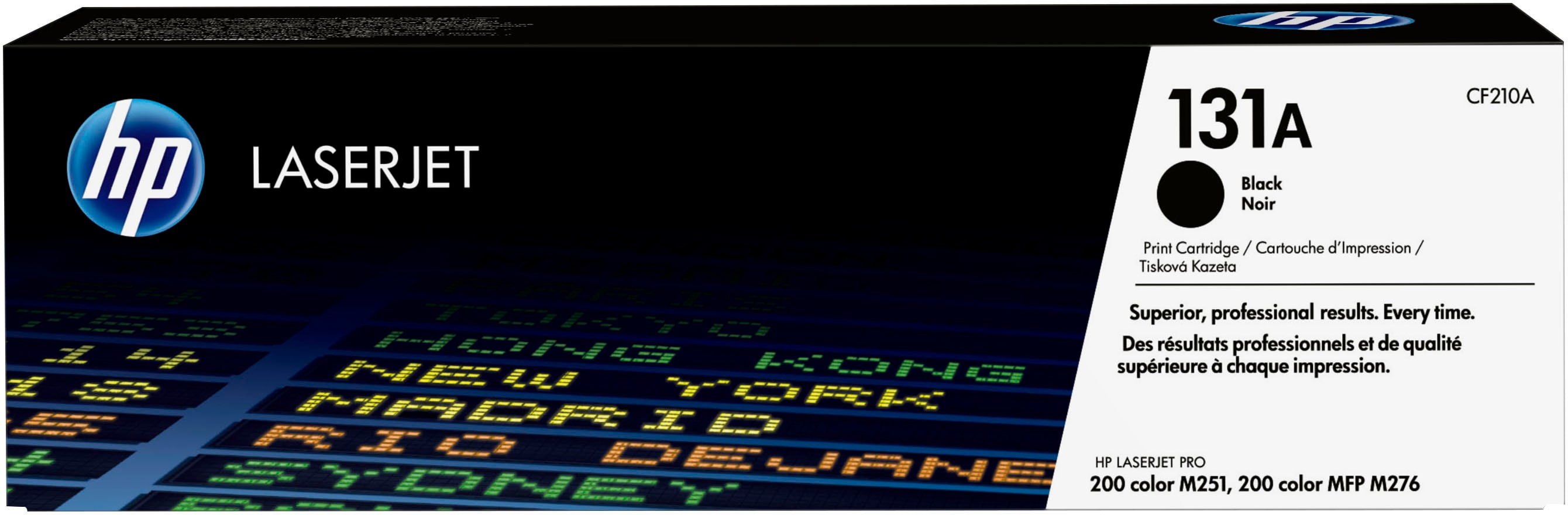 HP LaserJet Tonerbox. Zeigt Tonerkartusche, Farbe Schwarz, mit Weltkartenhintergrund.
