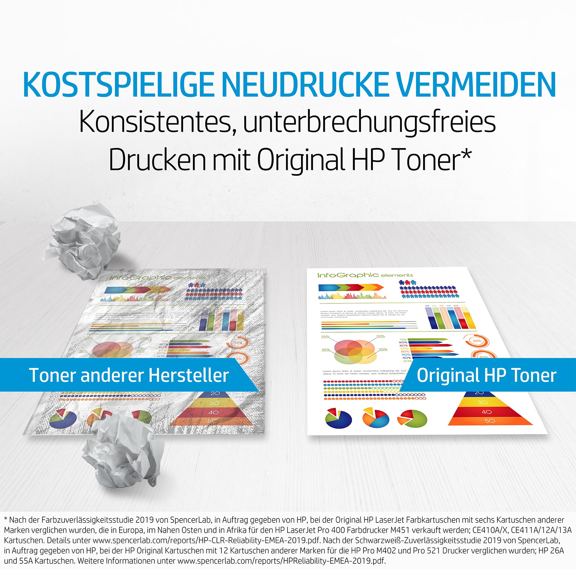 Zwei Ausdrucke, einer mit zerknittertem Papier. Ein Druck ist Original HP Toner, einer ist eine andere Marke.