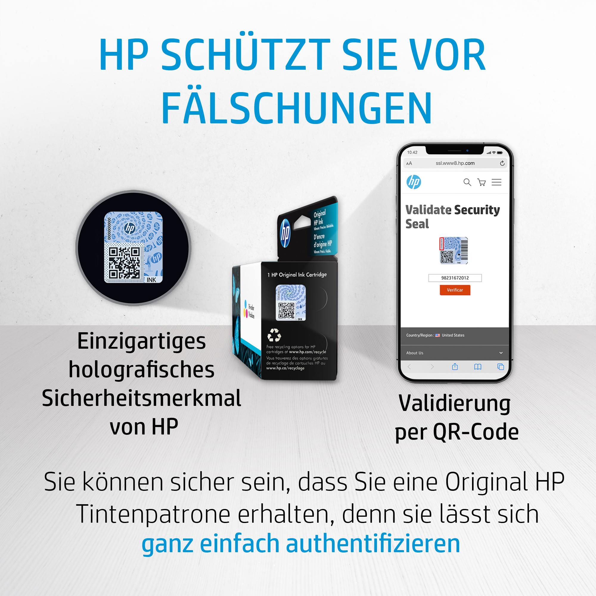 Holographisches Sicherheitssiegel und QR-Code auf der Tonerbox. Telefonbildschirm zeigt Validierung.