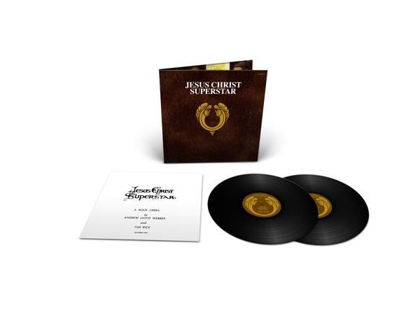 A Jesus Christ Superstar album borítója és bakelit lemezei. A borító barna, arany emblémával, két fekete bakelit lemezzel.