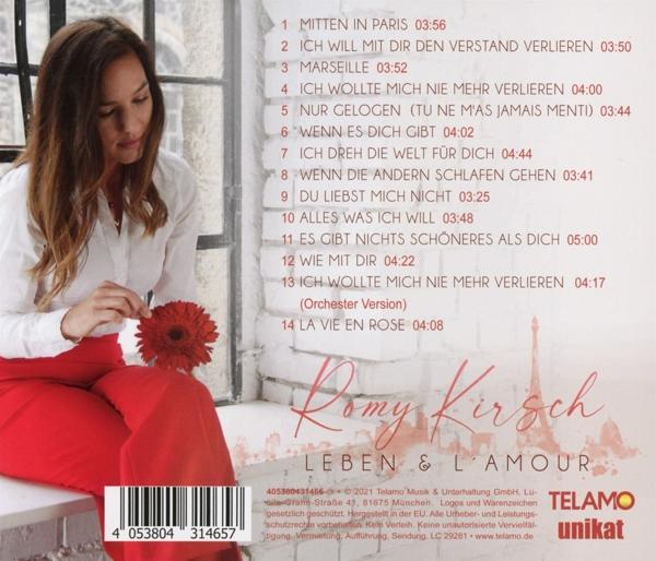 CD-Cover mit einer Frau und Text. Der Titel lautet Leben & L'amour. Der Titel ist rot.