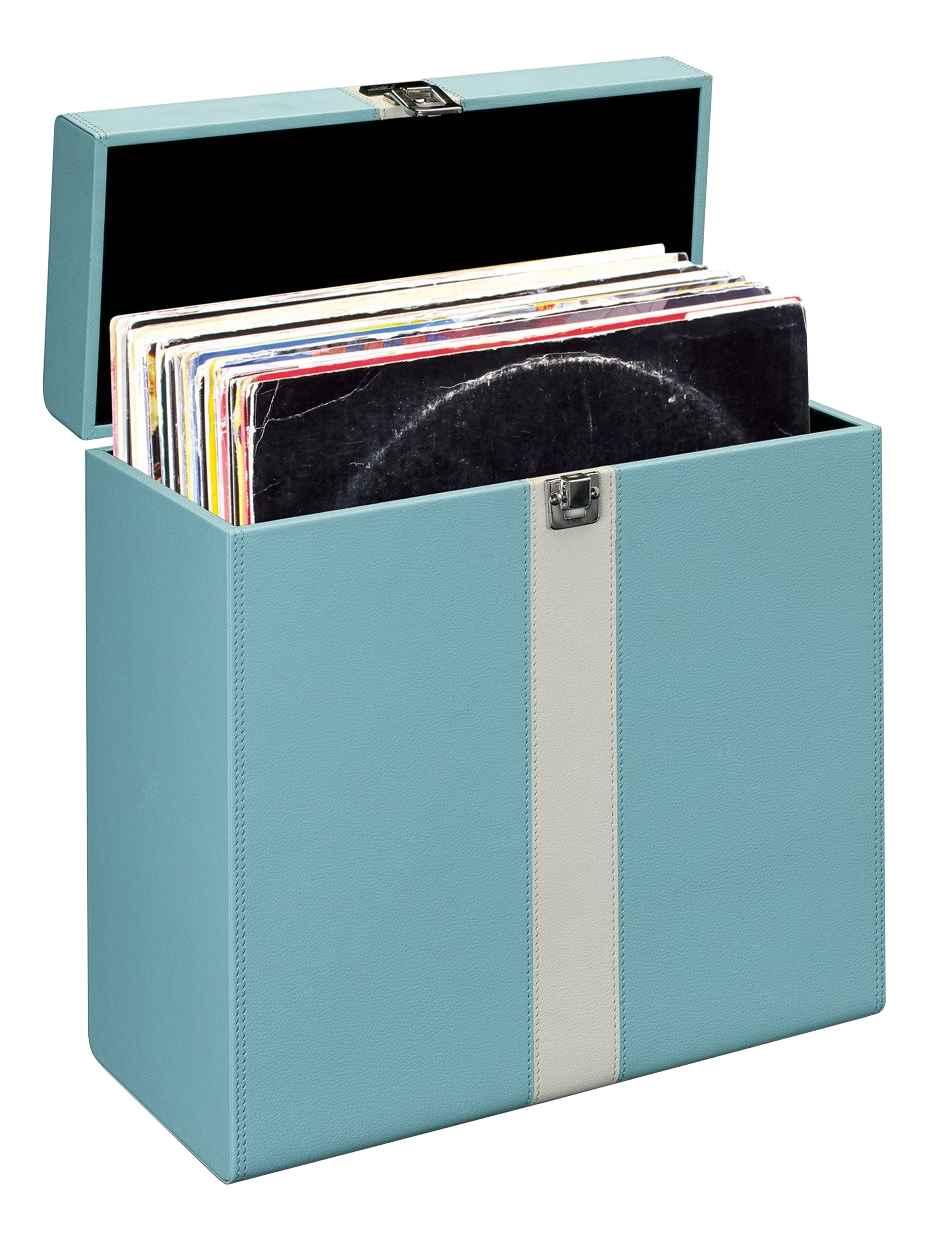 Blaue Schallplattenaufbewahrungsbox mit offenem Deckel, gefüllt mit Vinylplatten.