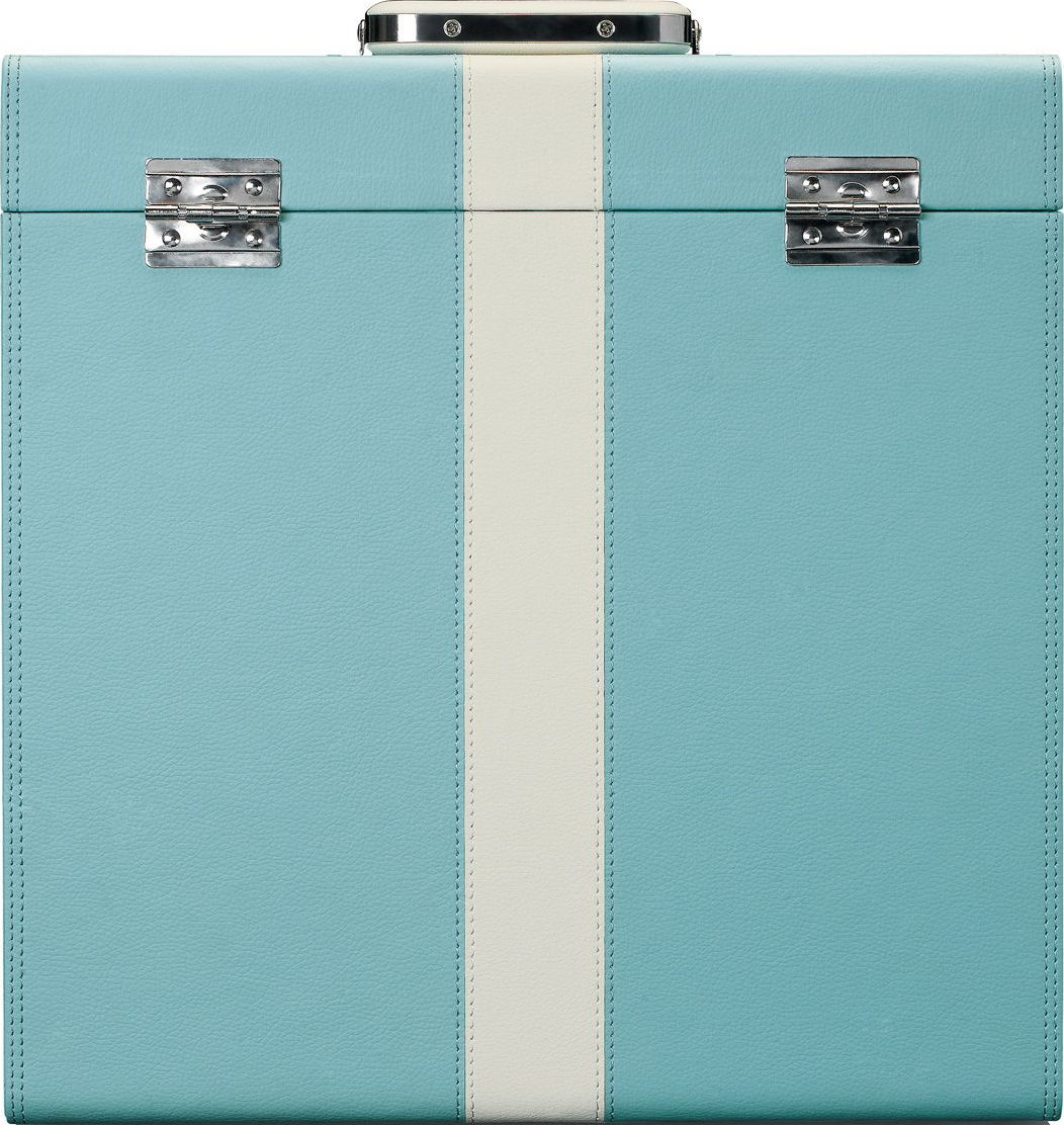 Ein blau-weißer Koffer mit silberfarbener Hardware. Der Koffer hat einen weißen Streifen in der Mitte.