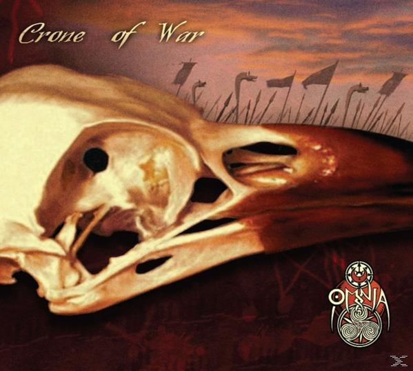 Een schedel met de tekst "Crone of War". Vlaggen en speren op de achtergrond. Het logo van "OMNIA" staat rechtsonder.
