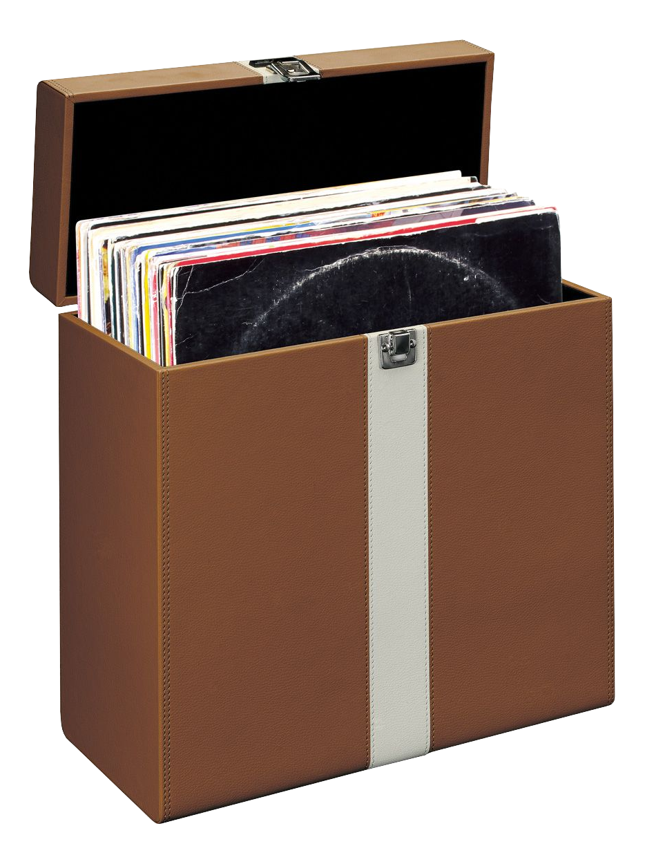 Braune Leder-Vinyl-Schallplattenhülle mit offenem Deckel. Schallplatten im Inneren.