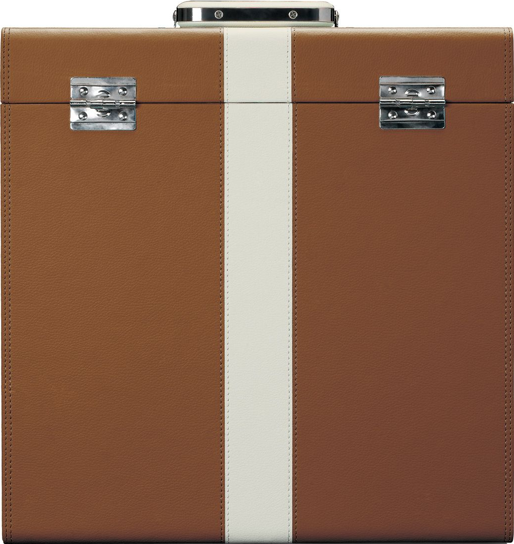 Geschlossener brauner Koffer mit weißem Streifen. Metallverschlüsse und Griff.