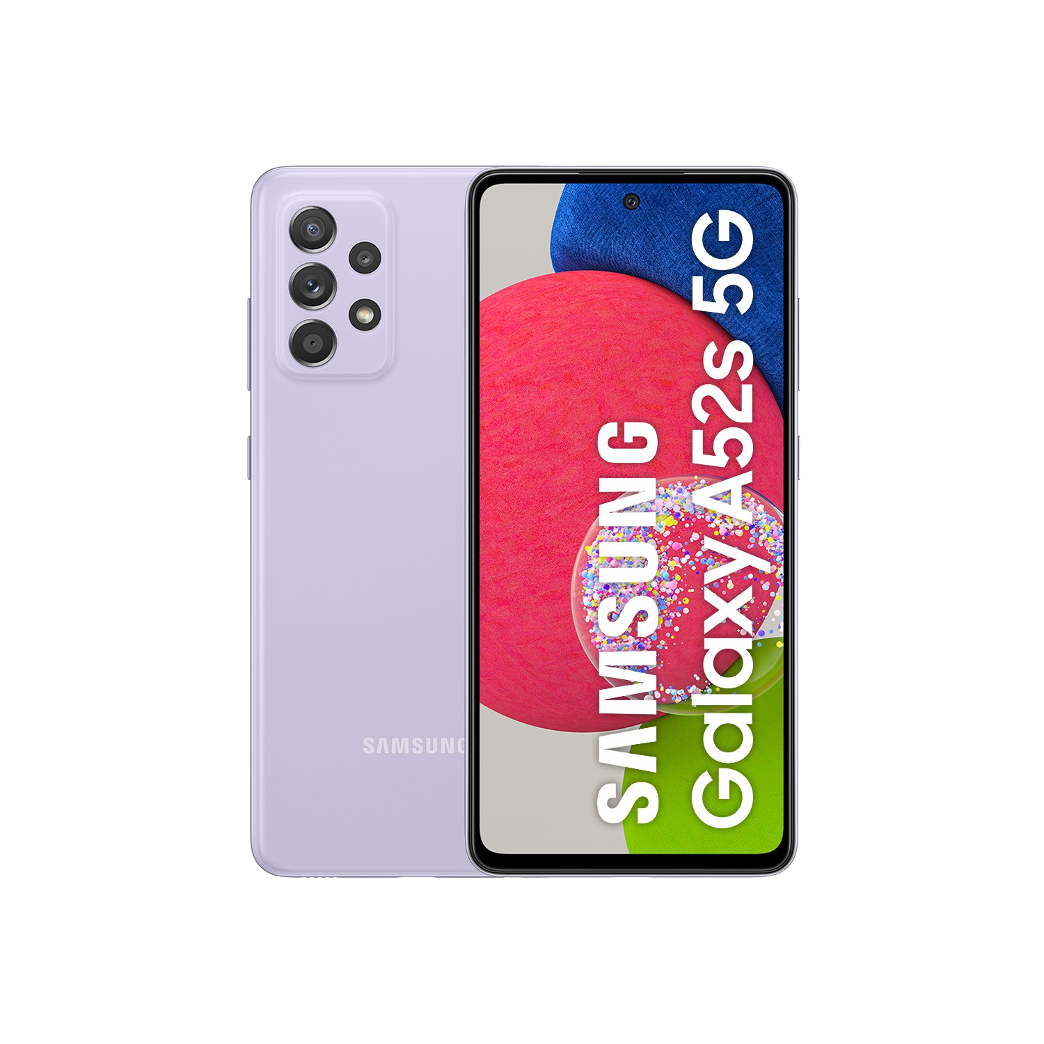 Un teléfono inteligente Samsung Galaxy A52s 5G lila, con su pantalla mostrando un diseño rojo y azul, sobre un fondo negro.