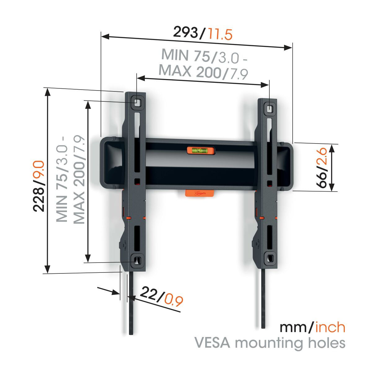 A black and gray TV mount with dimensions and measurements in mm/inch, and VESA mounting holes.