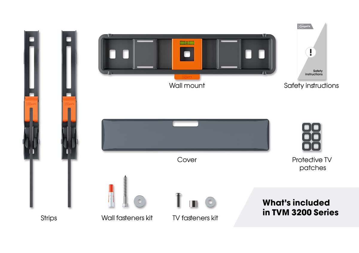 Wall mount kit components. Includes cover, strips, and other mounting hardware.