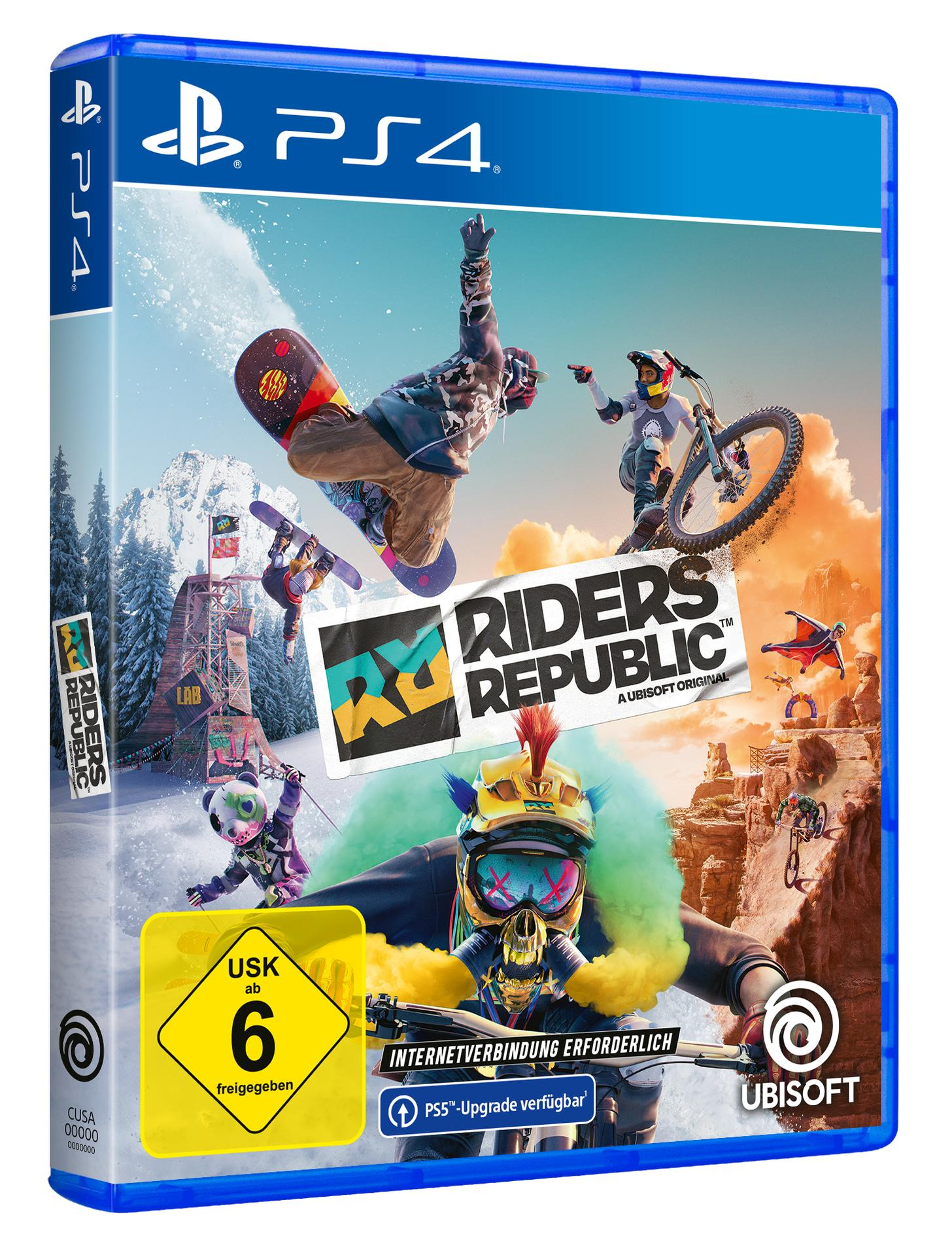 PS4-Spielbox für Riders Republic, mit actiongeladener Grafik und Text.