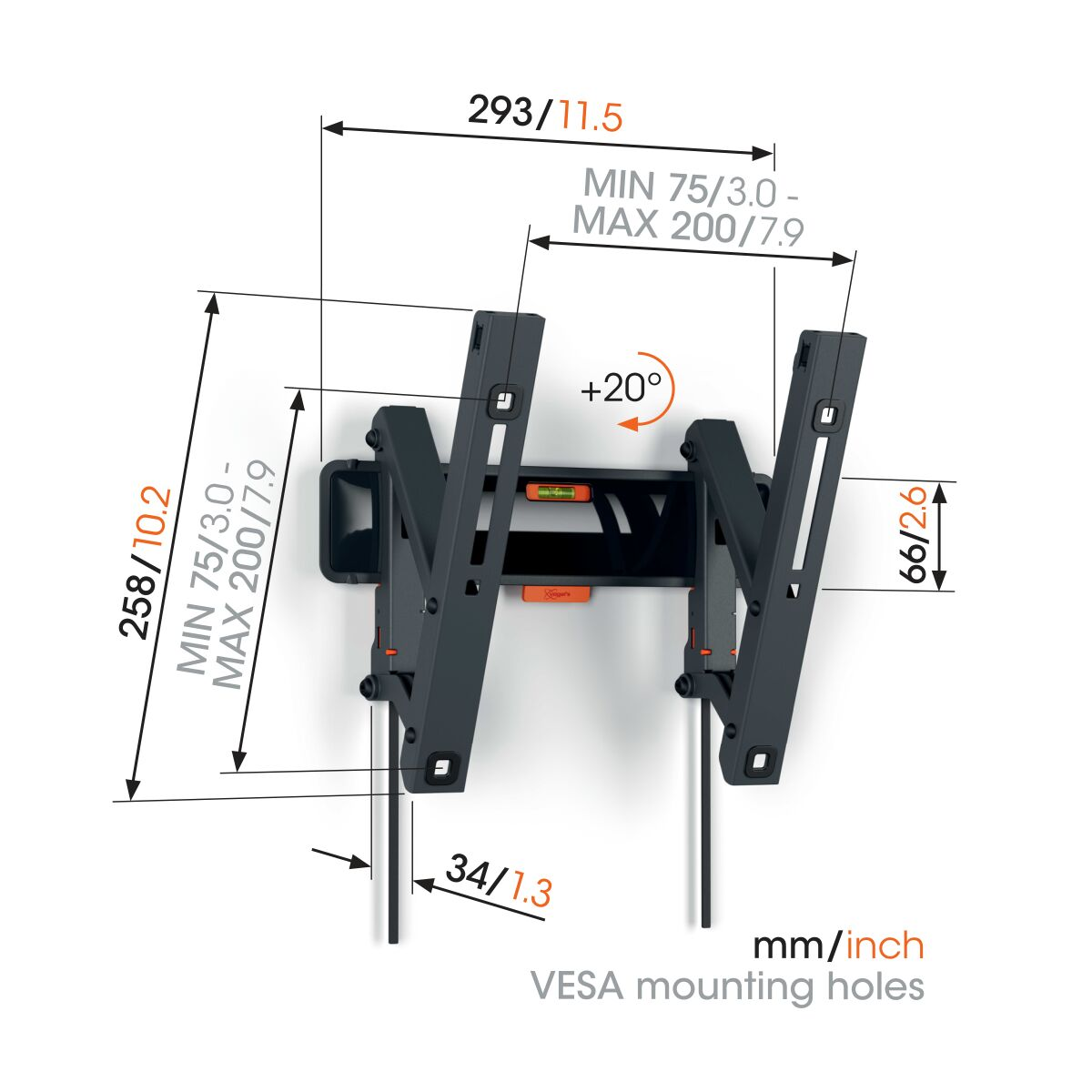 A black and grey TV wall mount with measurements and dimensions.