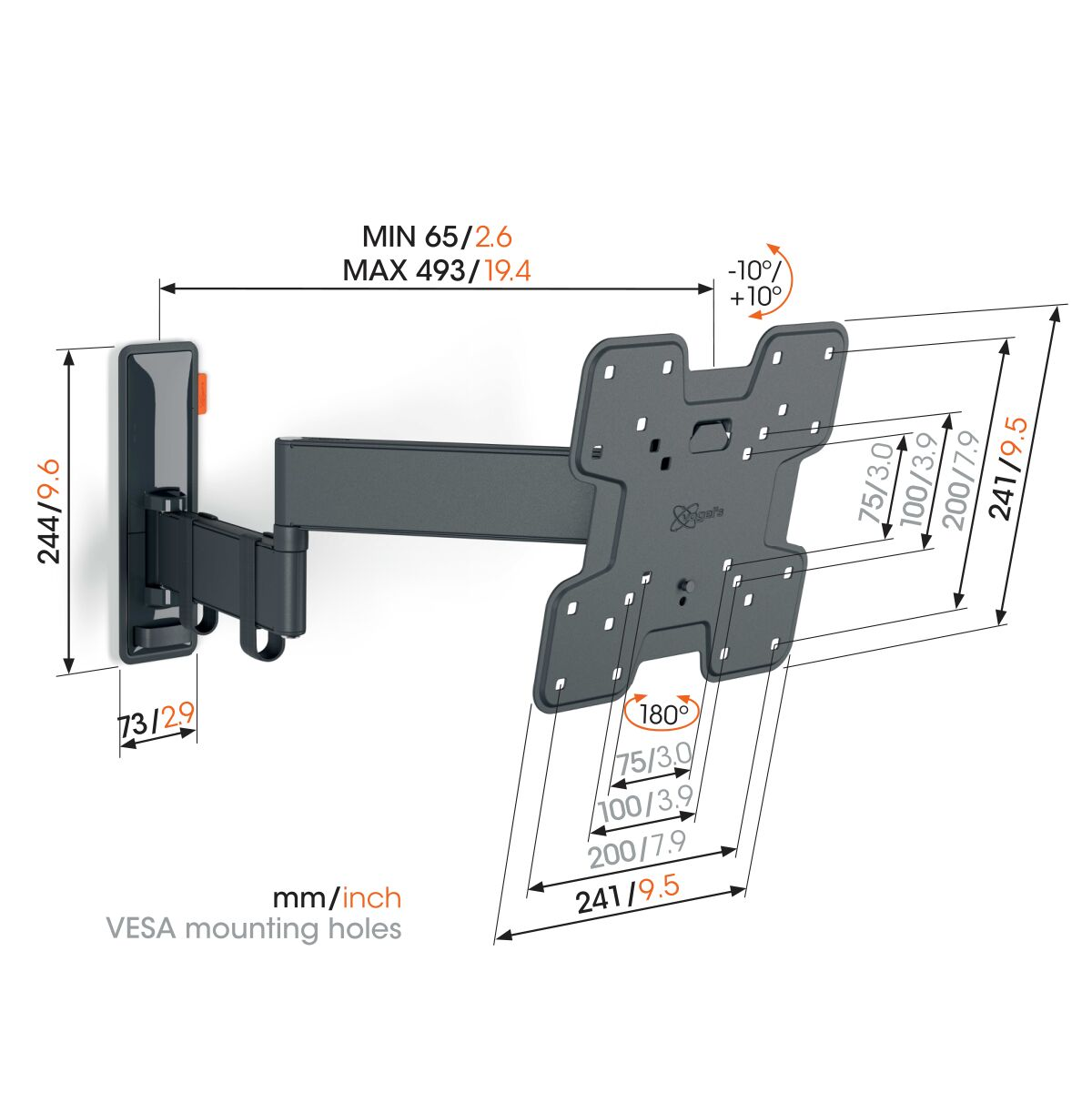 A black TV mount with measurements and dimensions. VESA mounting holes are labeled.