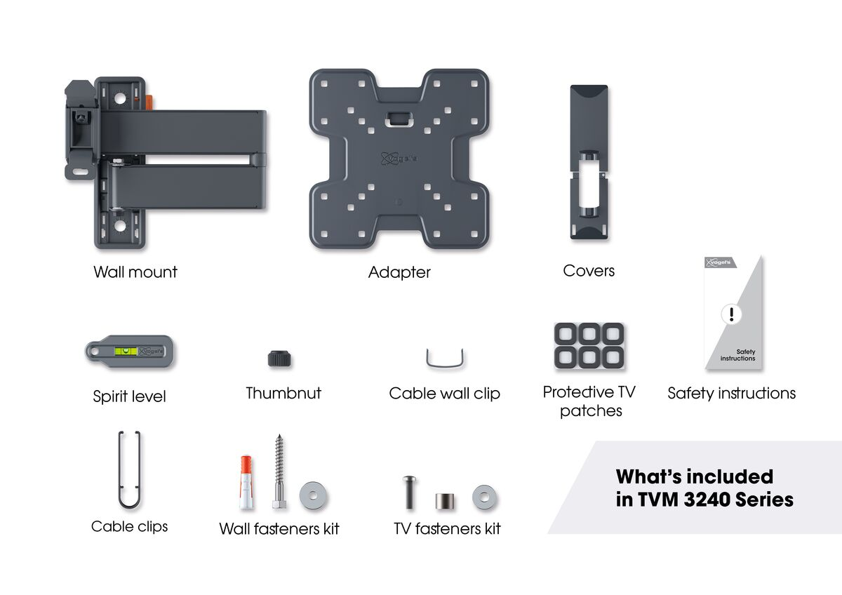TV wall mount components: wall mount, adapter, covers, spirit level, thumbtack, etc.
