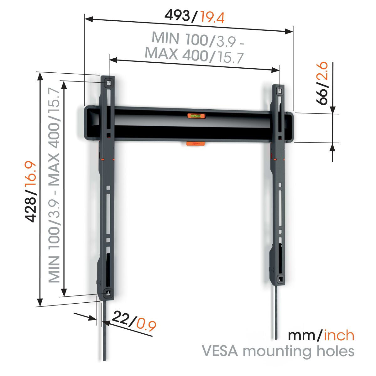 TV wall mount with dimensions and measurements in mm and inches.