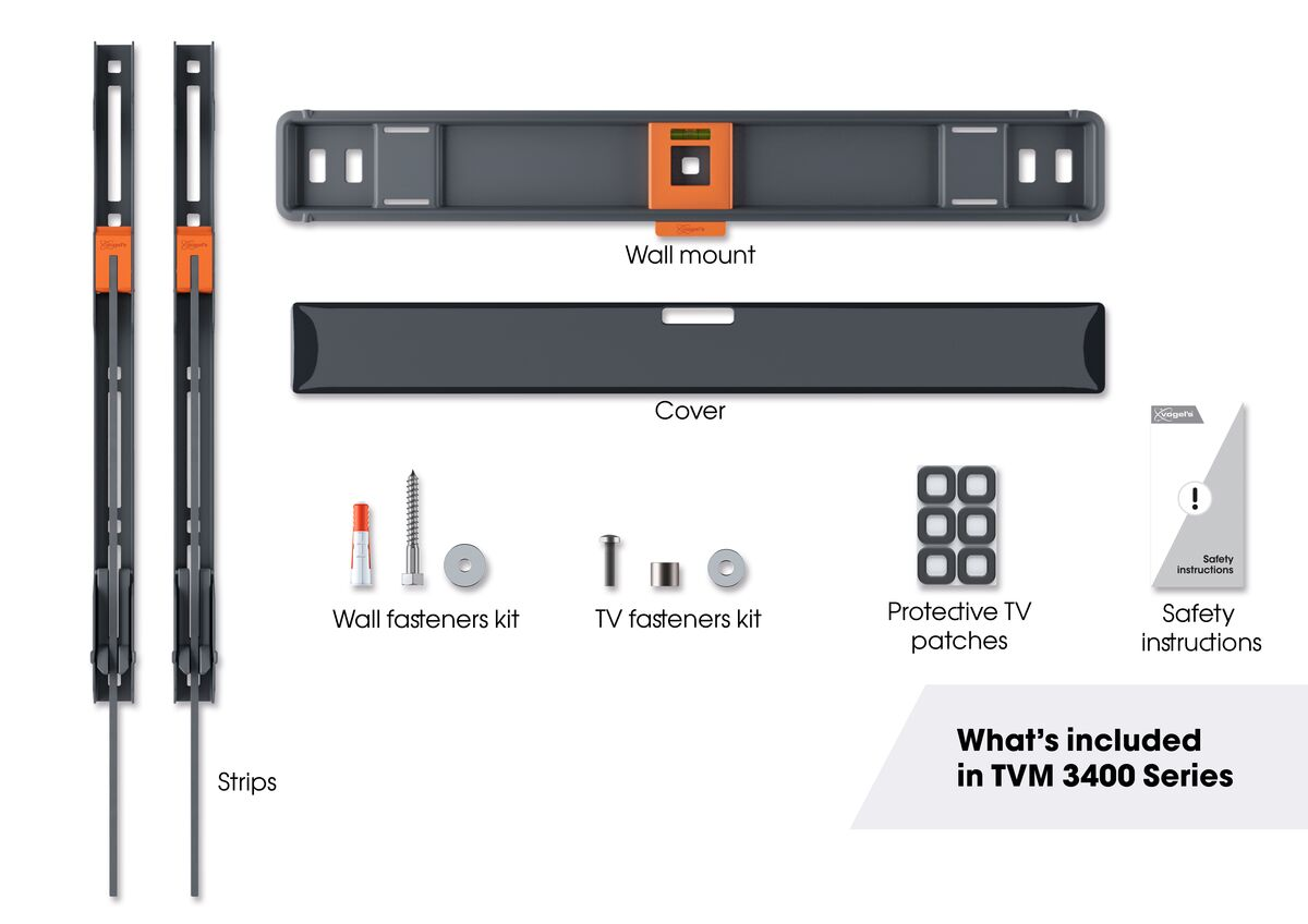 Components of a TV mounting kit. Includes strips, wall and TV fasteners, cover, and safety instructions.