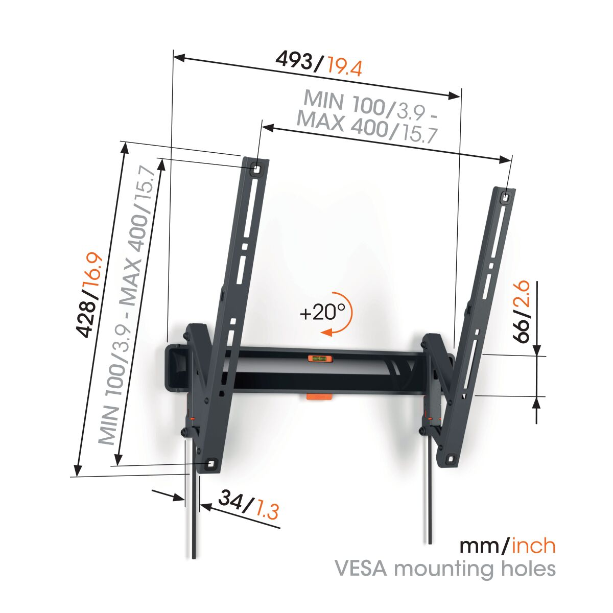 Een tv-muurbevestiging met afmetingen en metingen in millimeters en inches.
