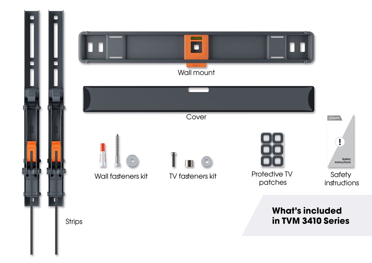 TV-wandmontagedelen. Strips, wandmontage, afdekking, bevestigingsmiddelen, patches en instructies.
