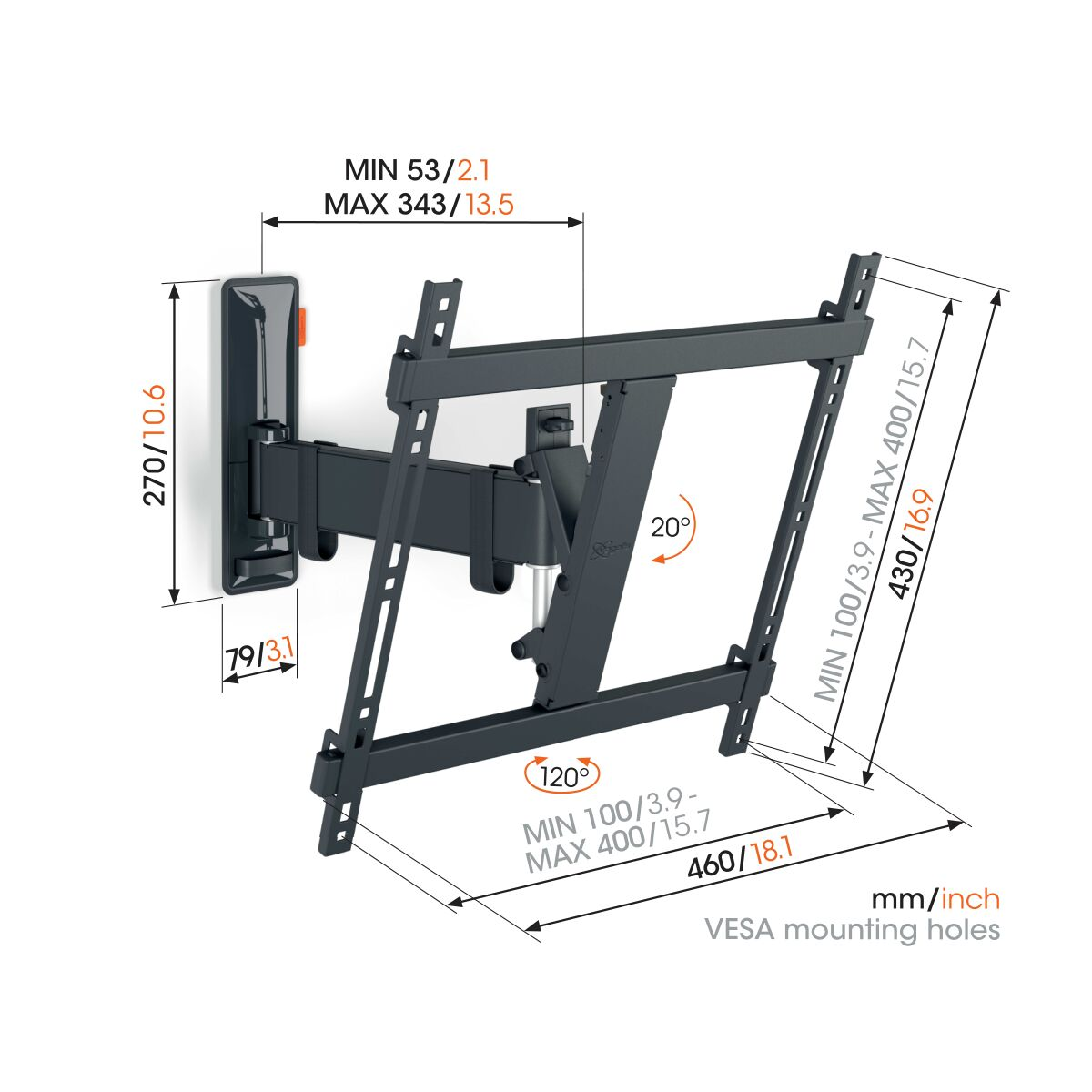 A monitor arm with measurements and a wall mount, in mm/inch.